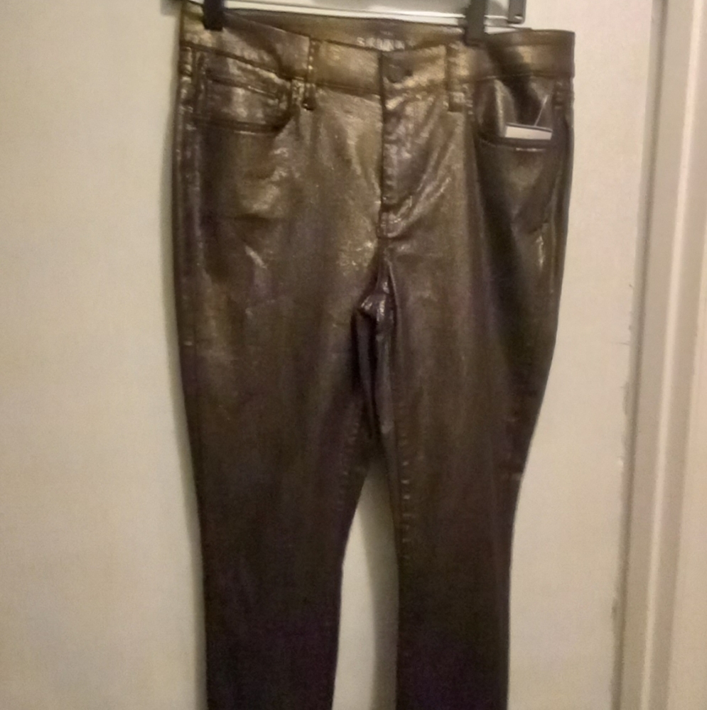 White house black market shimmer gold/black mid rise skinny jeans size 8 NWT